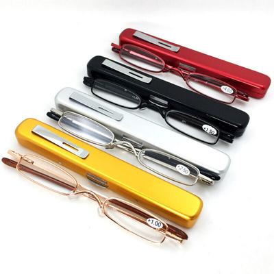 Unisex Pocket Reading Glasses Slim Mini Metal Readers with Pen Tube Case Men Women HD Reader Eyeglasses Diopter +1.0/1.5/2.0/2.5