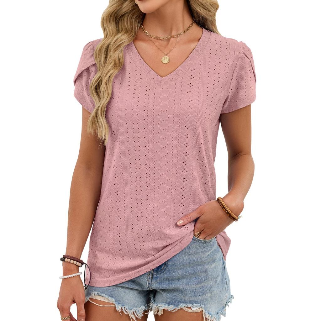 Summer Solid Color V-neck Tile Sleeve Loose Short Sleeve T-shirt Women's Tops Leisure Europe USA