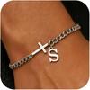 Men Cross Cuban Chain Bracelets for Men Initial A-Z Faith Cross Bracelets, Stainless Steel Initial Bracelet Religious Jewelry