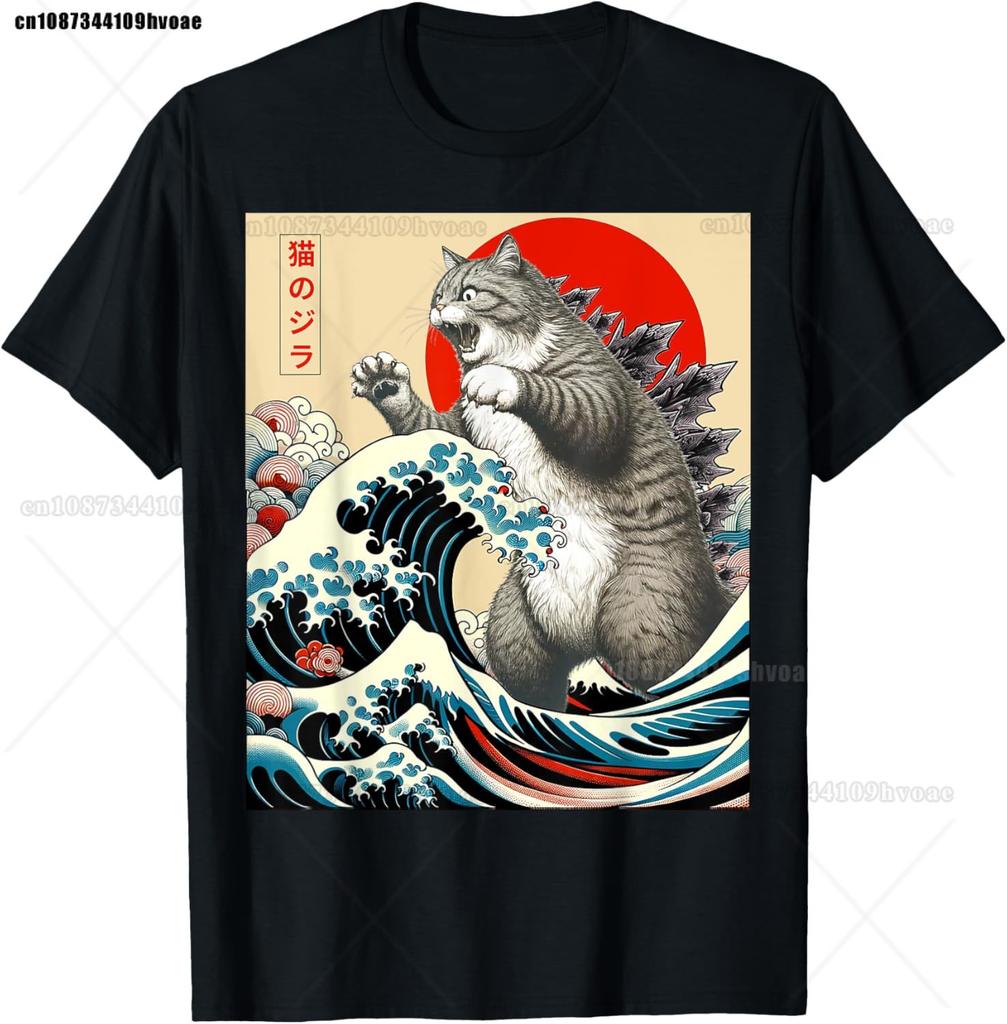 Catzilla Cat Japanese Art Funny Cat Gifts T-Shirt Top Tees Cotton High Quality Unisex Hip Hop TShirt Punk Gothic Graphic Breathable