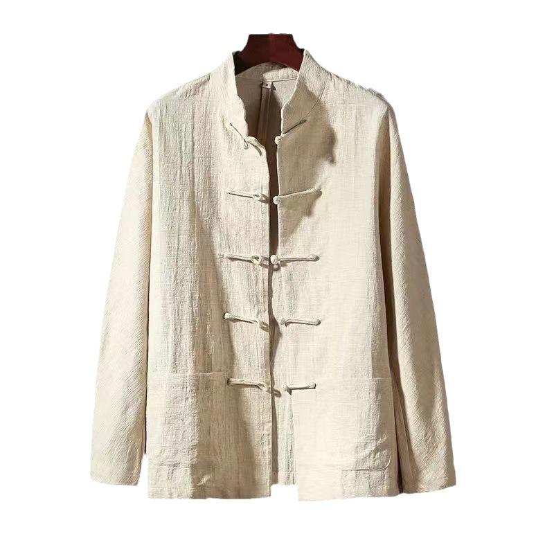 Chinese Style Men's Disc Buckle Cotton Linen Shirt Stand-up Collar Men's Retro Style Blouse Spring and Autumn Chinese Linen Long-sleeved Shirt