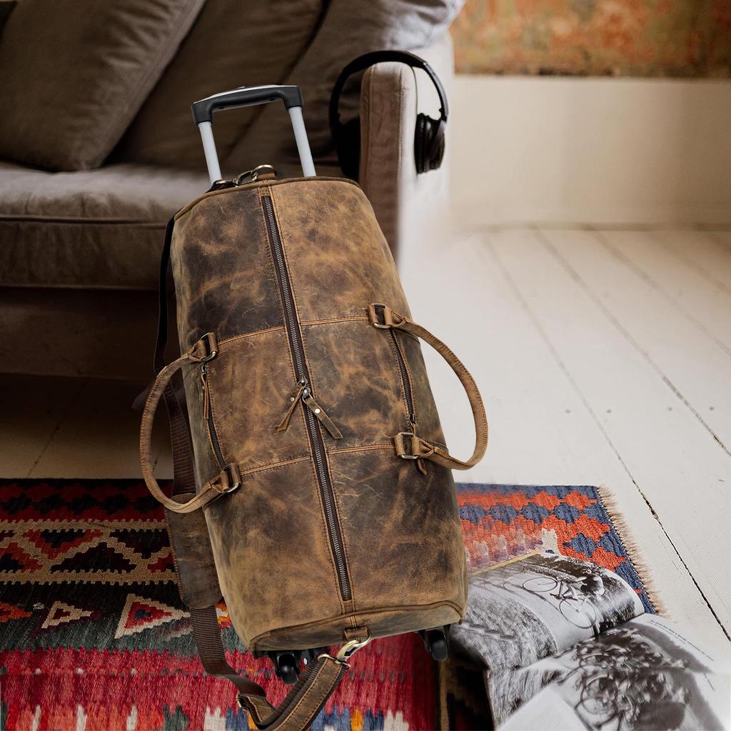 Handmade Leather Rolling Duffle Bag: 24-inch Travel Weekender