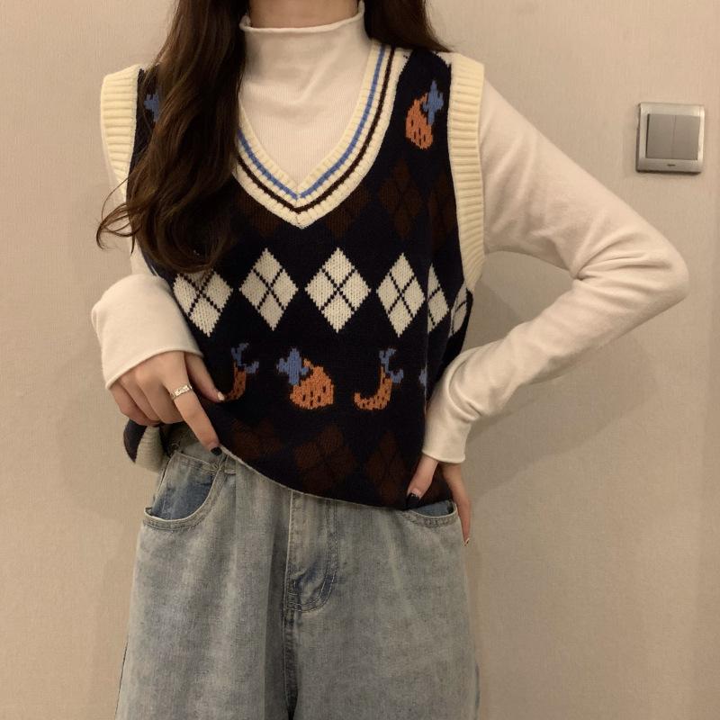 

Женский милый вязаный свитер без рукавов Y2K с v-образным вырезом, корейская зимняя одежда, бюстье, вязаный жилет для женщин, пуловеры OneSize