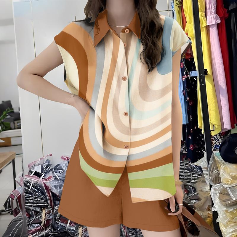 

ZANZEA Женский костюм из рубашки с принтом и шорт, летний комплект-двойка 2XL коричневый