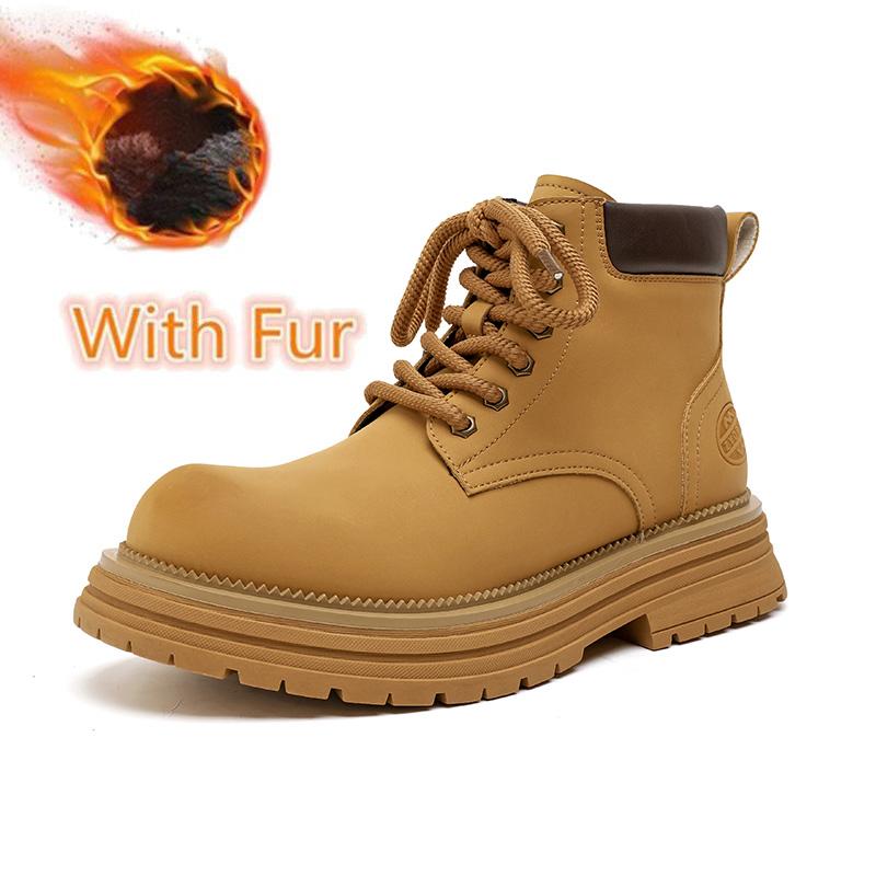 FashionHigh Quality Casual Leather Mens Ankle Boots Tube Rubber Thick Sole Male Motorcycle Boots Fashion Warm Plush Fur Winter Footwear