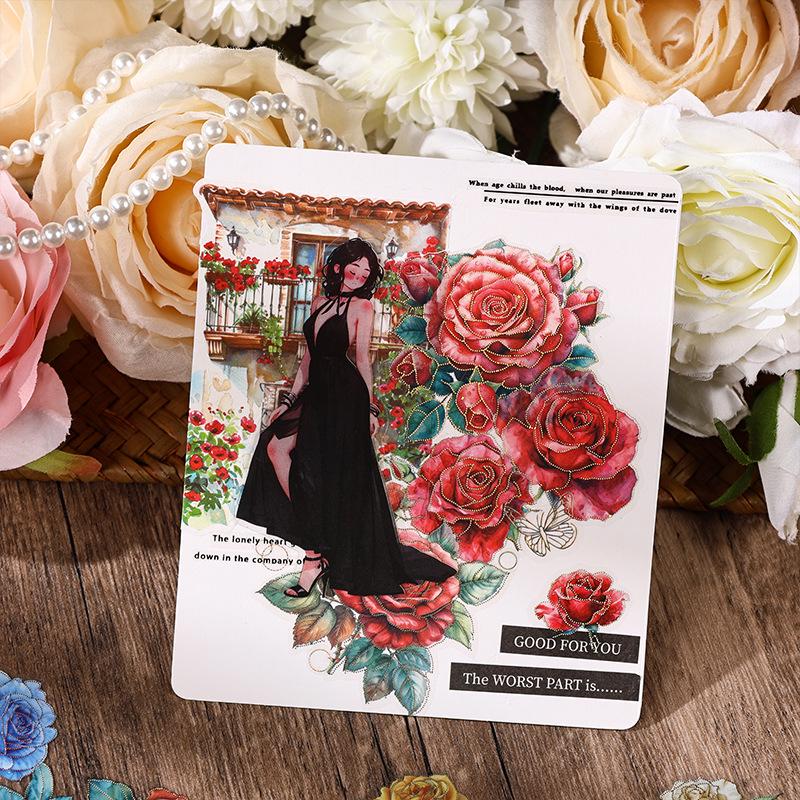 Yuezhen Rose Die-Cut Waterproof PET Journal Stickers - Creative Floral Designs