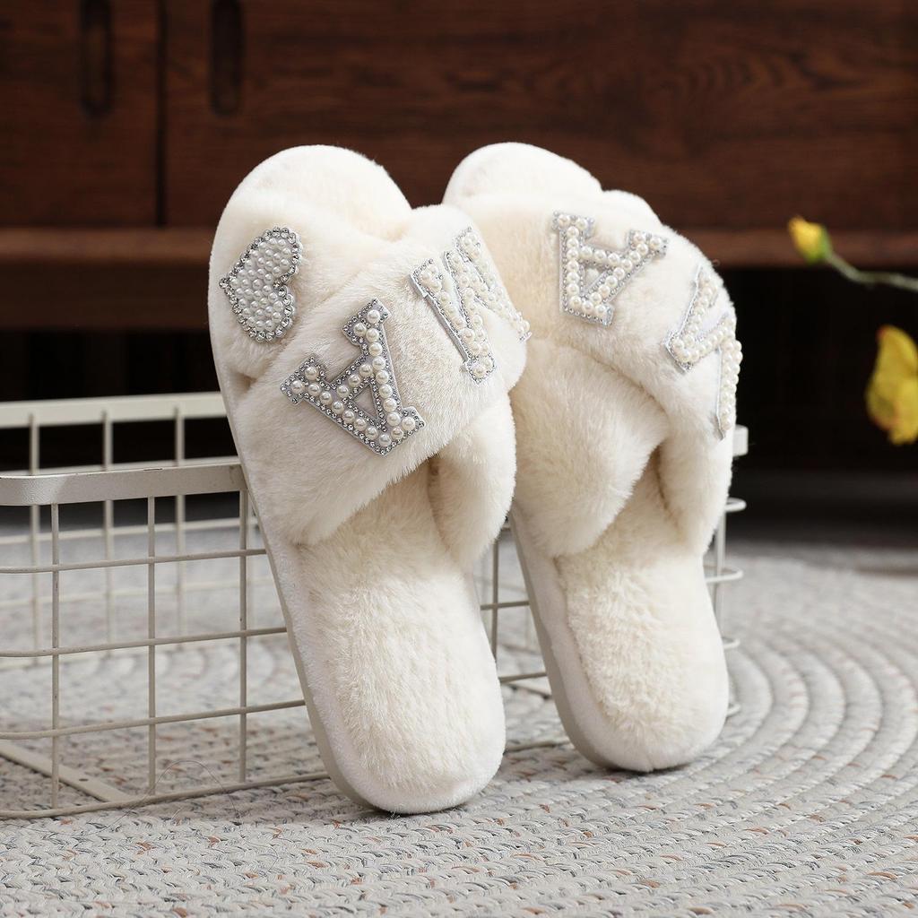 Women Home Furry Slippers Fork Strap Bride Wedding MRS Slippers Cozy Indoor Footwear