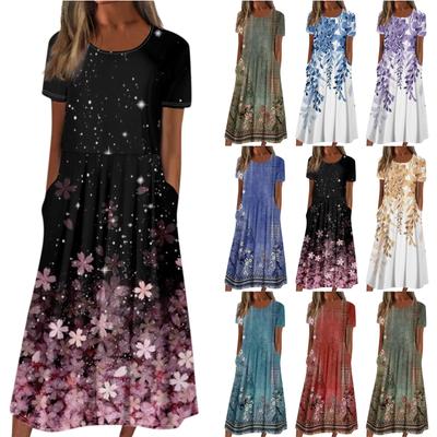 Women's Summer Casual Fashion Printed Short Sleeve Round Neck Pocket Dress