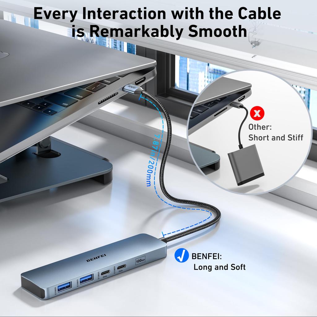 BENFEI USB C Hub HDMI Supported 100W High Speed Charging 10Gbps High Speed Transfer 2 X 2 X 2 Silicone Cable Aluminum Case Included Compatible with a