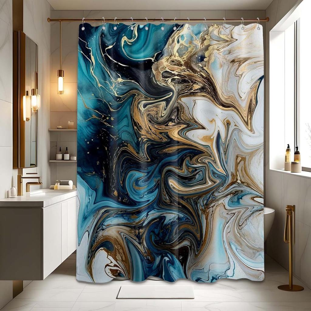 Teal and Gray Marble Shower Curtain Abstract Turquoise Gold Shower Curta for Bathroom Decor, Waterproof Cloth Fabric with Hooks 70 X 72 Inch