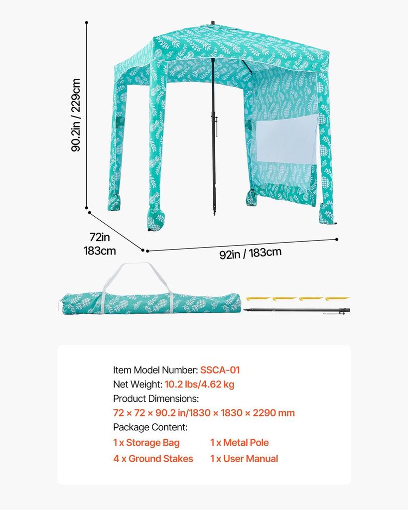 Beach Cabana, 1.83 x 1.83 m Beach Canopy with Side Wall, UPF 50+ Protection Easy Setup Cabana Tent with Sand Pockets, Large Portable Shade Sun Shelter