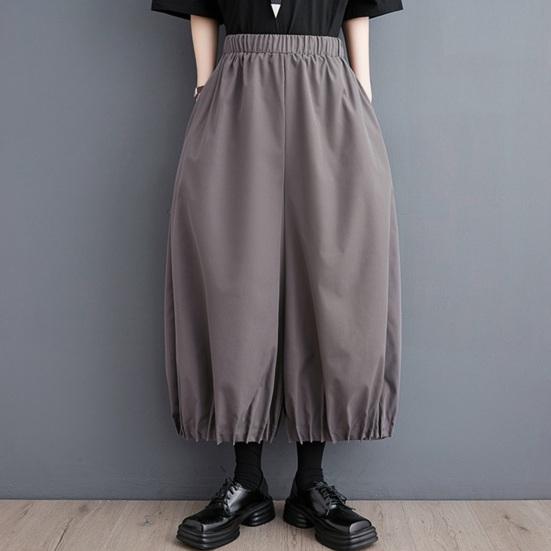 Women Bloomer Elastic High Waist Wide Leg Trousers with Pockets Solid Color Loose Fit Casual Pants Work Travel Daily Wear