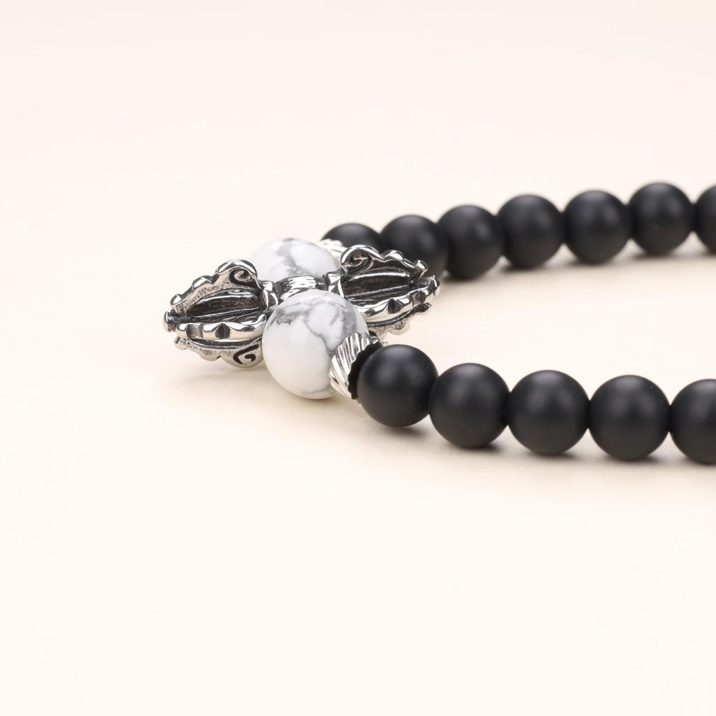 Vajra Pestle 108 Beads Howlite Matte Onyx Power Stone Necklace Prayer Quadruple Rosary for Men Women [Coai]