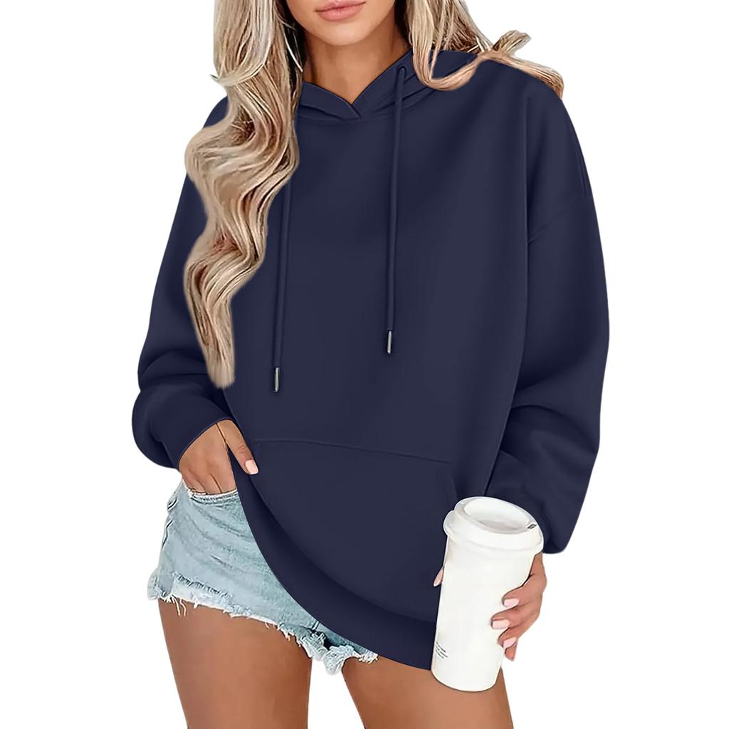 Women's Fashion Oversized Drop-Shoulder Long-Sleeved Sweatshirt Solid-Colour Hooded Sweatshirt