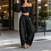 Zweiteiler für Damen Langarm Off-Shoulder Crop Top Weite Hosen Set Sommerurlaub Ausgeh-Outfits
