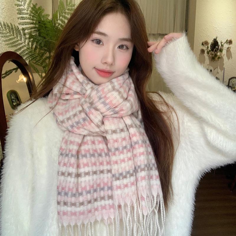 1pc 2025 Autumn And Winter New Scarf Women's Korean Style All-match Plaid Tassel Student Warm Neck Scarf