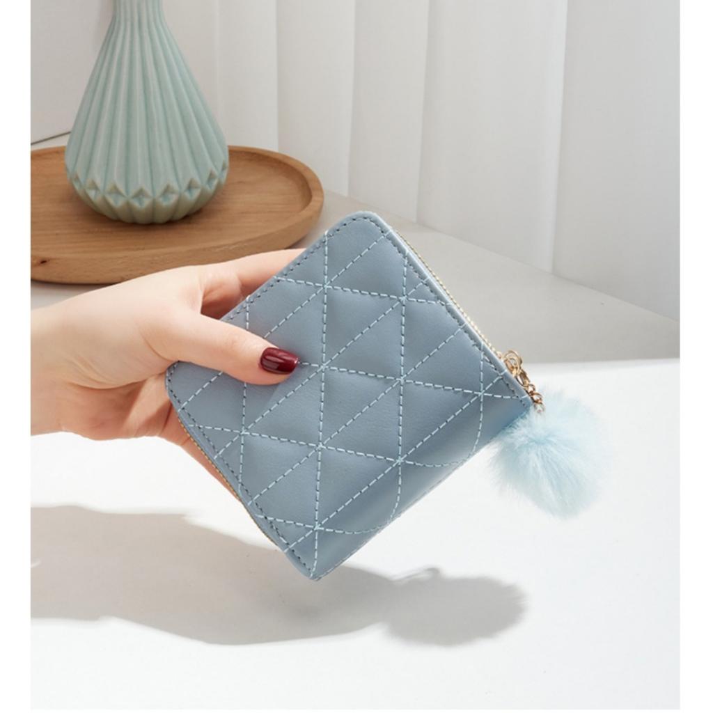 Small Fur Ball Bag, Double Layered Wallet, Diamond Grid, Ladies', Short, Hand-held, Coin Purse