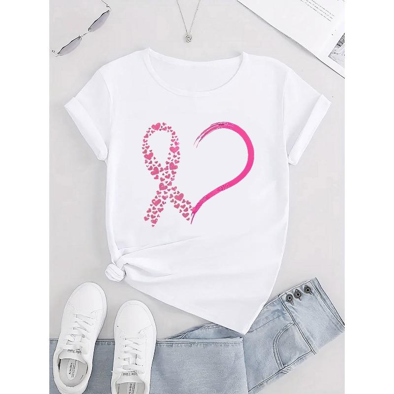 European Size Women's Breast Cancer Awareness T-Shirt with Heart & Ribbon Print Suitable for Cancer Survivors & Supporters