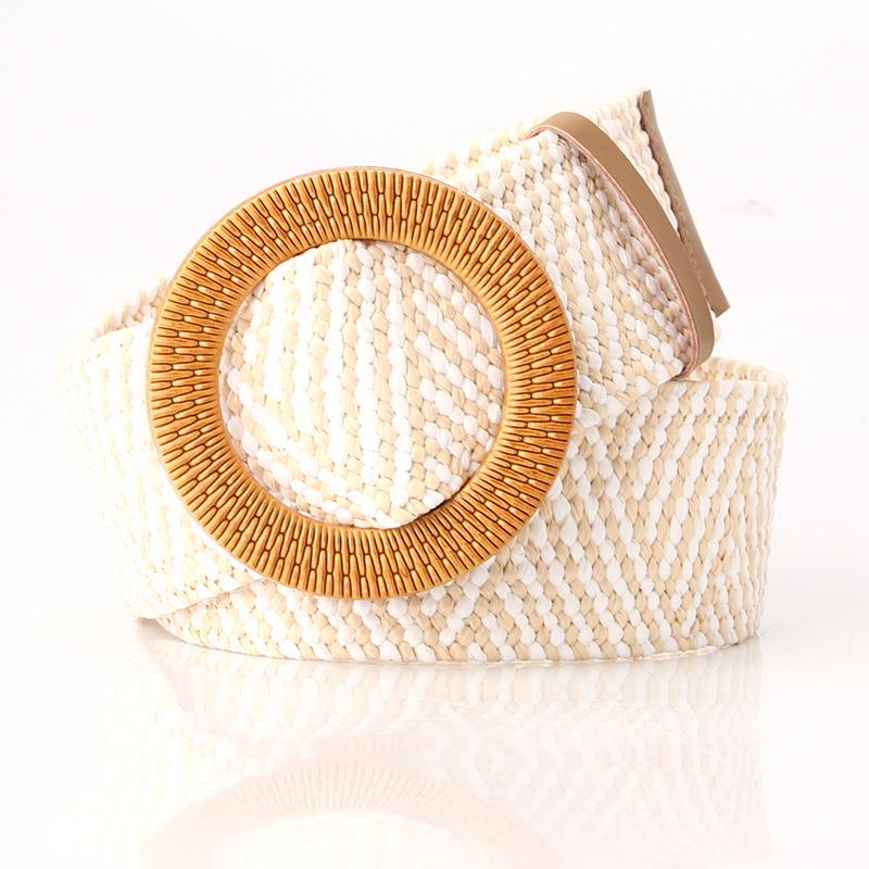 Women's Wide Round Buckle Elastic Belt - Cotton & Linen, Straw Style, Mori Girl Fashion.