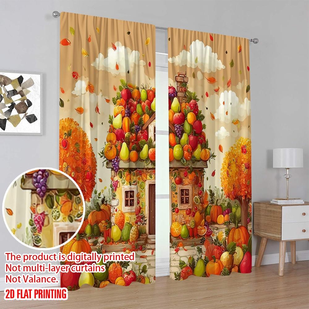 2 Stück, 2D-Flachdruck Lichtfilternde Vorhänge Herbstfrucht Haus Polyestergewebe (ohne Stange) Außendekorationen für Schlafzimmer