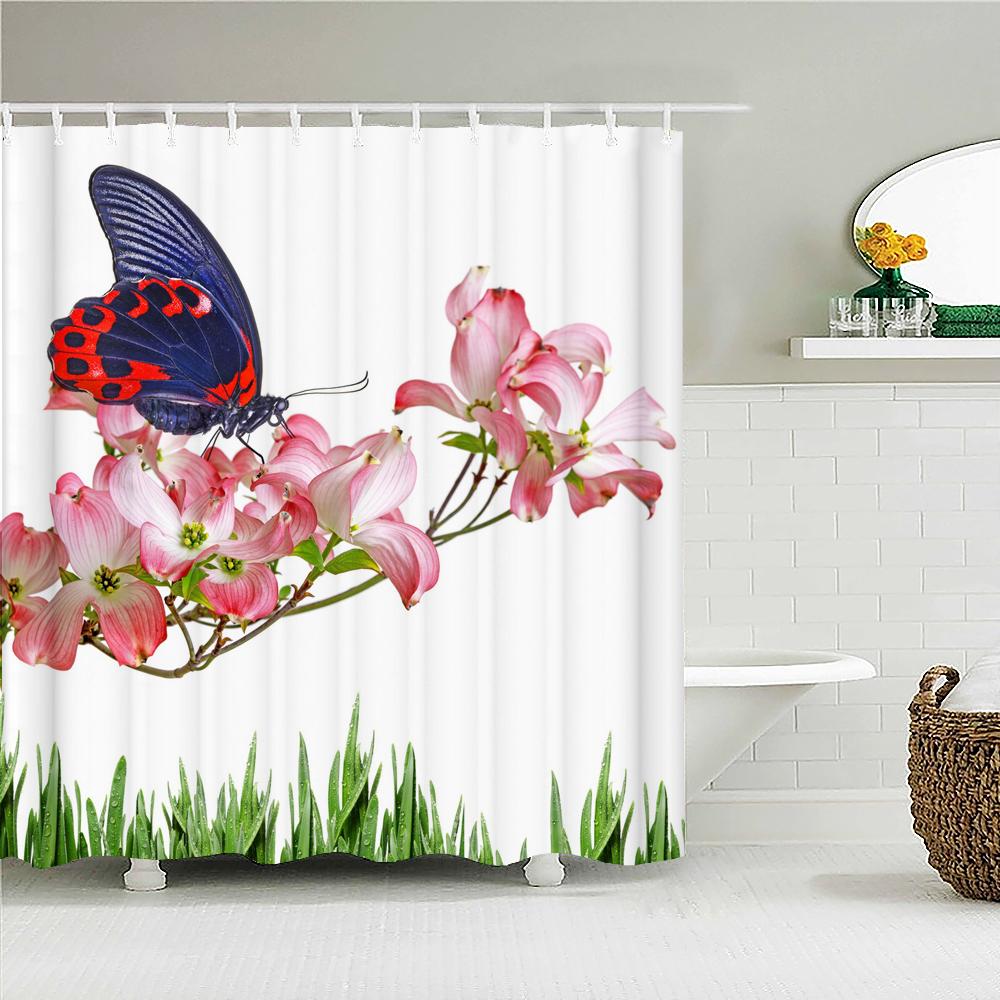 Colorful Flower Butterfly Fabric Shower Curtain Bathroom Curtains with Hooks Waterproof Printing Floral Bath Curtain Home Decor