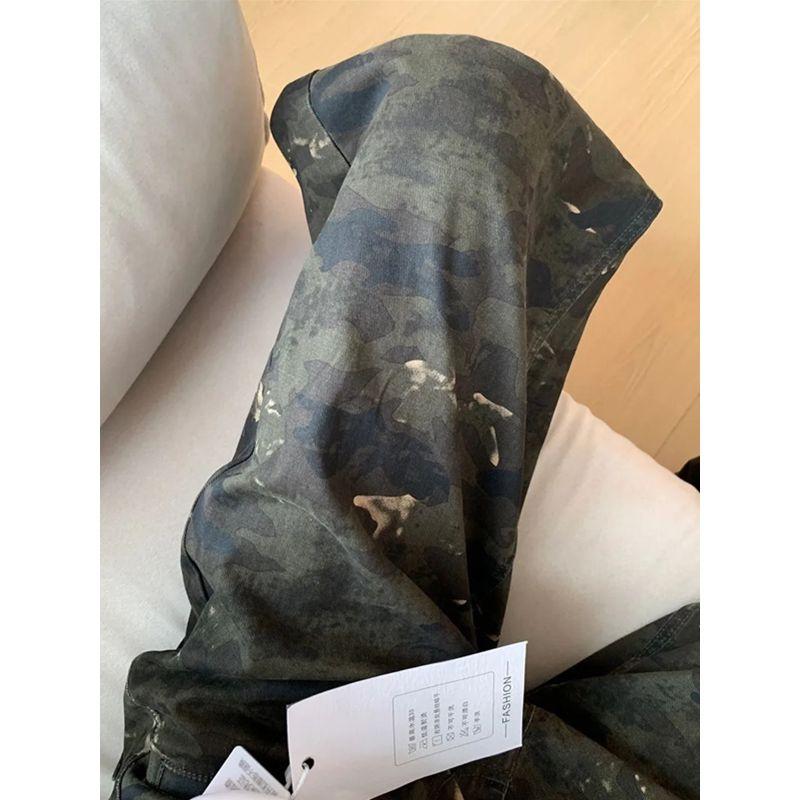 American Camouflage Workwear Denim Female XS Small High Waist Loose and Slimming Drooping Straight Wide-Leg Draggle-Tail Trousers