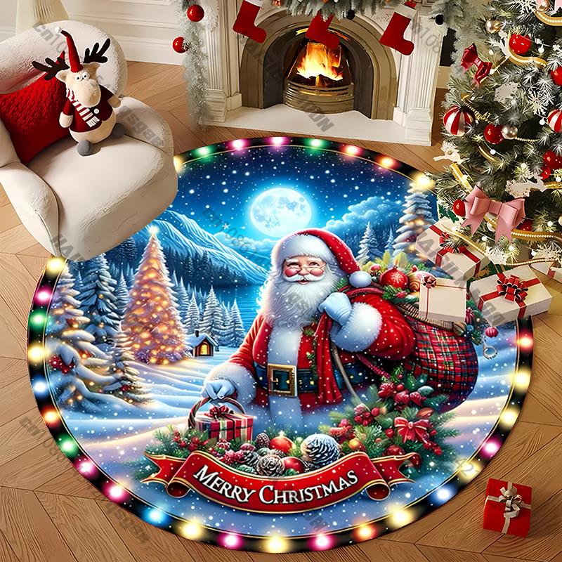 Cartoon Round Rug for Home Cute Santa Elk Gingerbread Christmas Elements Printed Mat for Kids Room Chair All Seasons Carpet Gift