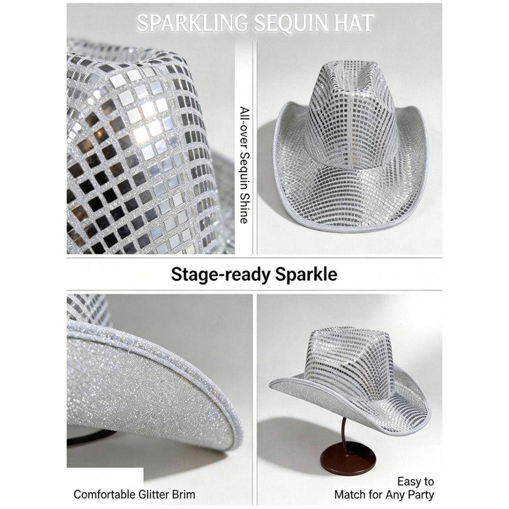 Vintage Shiny Sequin Western Cowboy Hat Gold Sparkle Glitter Jazz Hat Cap Wide Brim Summer Hat Costume Accessories