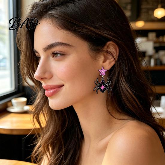 Cool Girl Fashion Jewelry 1 Pair Halloween Theme Acrylic Earrings for Women, Gothic Pink Spider Daily Casual Dangle Drop Earrings, Spooky Holiday