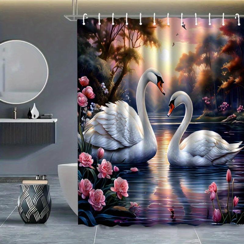Romantic Swan Shower Curtain White Swans On Lake Pink Roses Sunset Art Nature Decor Waterproof Fabric Bath Curtain Set Home