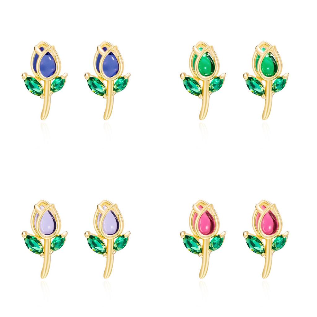 Romantic Tulip Flower Stud Earrings For Women Copper Glass Spring Jewelry