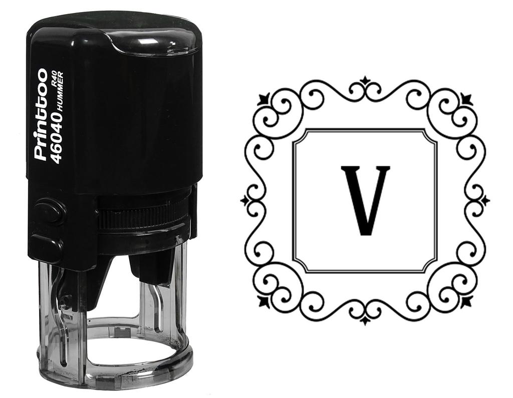 Printtoo V Alphabet Monogram Initial Square Swirl Border R-40 Office Stationary Self Inking Rubber