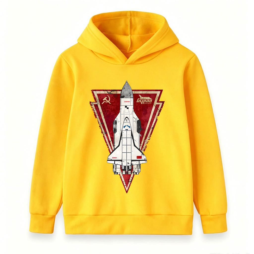 Kids Boys Girls Pullover Hoodie, Vintage Soviet Buran Space Shuttle Print Casual Hooded Sweatshirt for Space Fans, Comfortable Long Sleeve Tops for Da