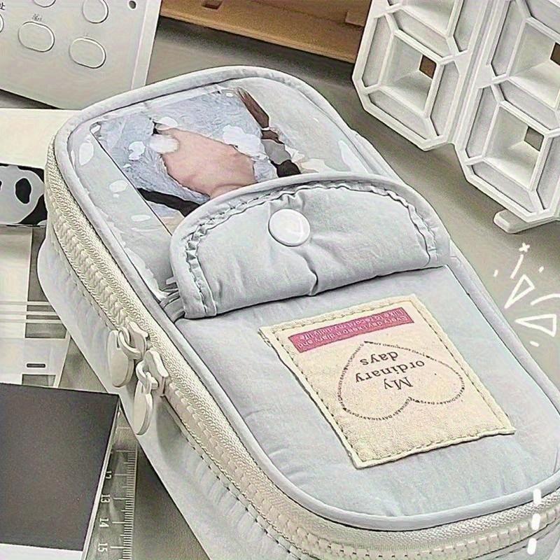 Cute Japanese Ins Small Fresh Simple Pencil Case Art Retro Large Capacity Girl Pen Bag with Clear Card Pocket Heart Shape Zipper