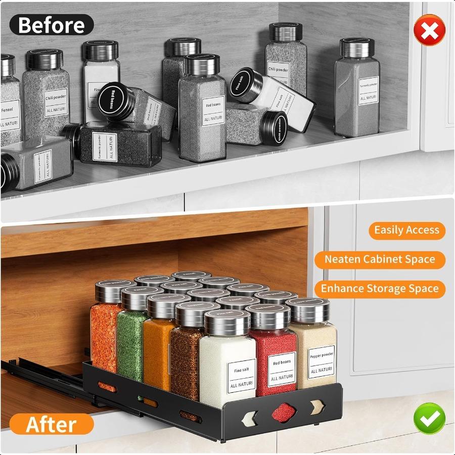 Pull Out Spice Rack Organizer for Cabinet Heavy Duty Slide Out Spice Rack for Inside Cabinets Kitchen Cabinet Seasoning Organiz