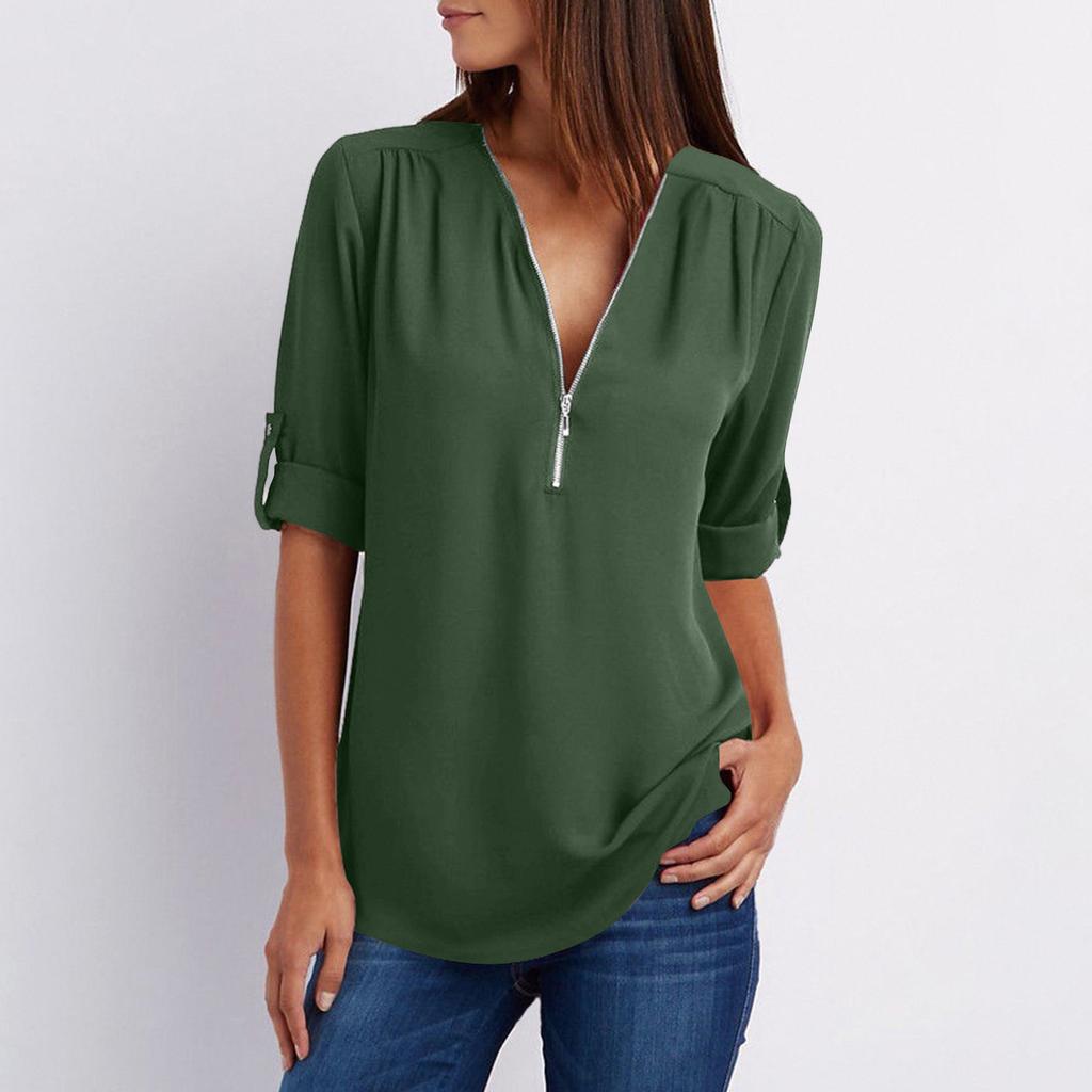 Women's Color Casual Fashion V-neck Zipper Long Sleeved Loose Chiffon Top With Adjustable Sleeves