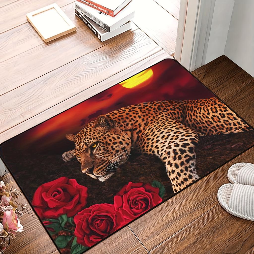 Luxury Leopard Print Botanical Floral Pattern Non-Slip Floor Mat Washable Decorative Area Rug for Living Room Bedroom Office