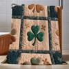 1pc St. Patrick's Day Shamrock Patchwork Blanket - Teal Peach Checkered Floral for Bed Sofa Gift Machine Washable