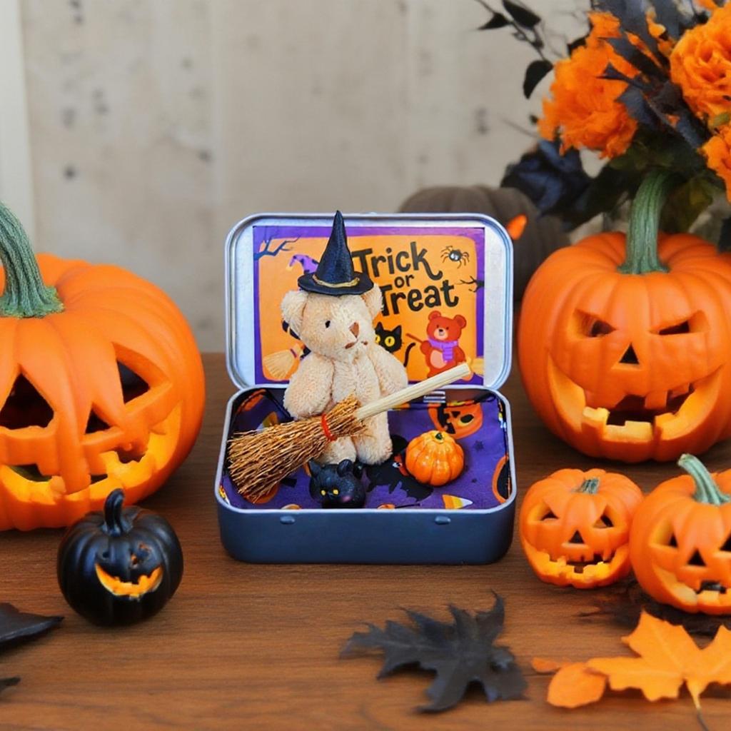 Halloween Bear In Box For Trick Or Treating With Witch Blanket Cloak Pumpkin And Cat