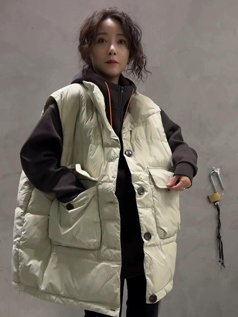 Dámská vesta z prachového peří a bavlny ve stylu korejského stand-up límce, kolekce podzim/zima 2024: Volný, Hřejivý, Ležérní styl