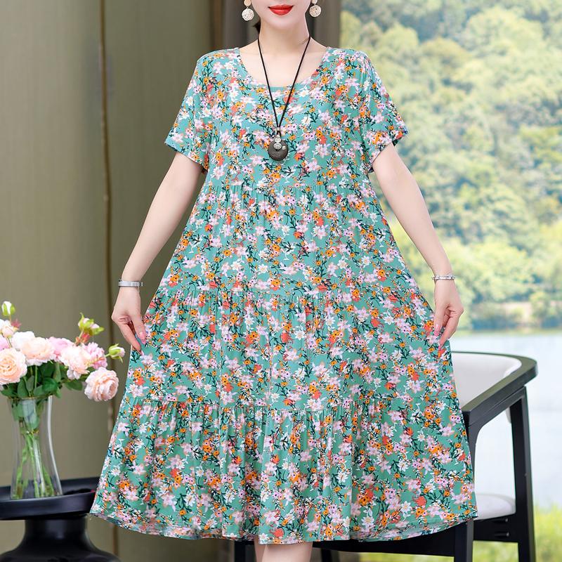 Elegant Women's Summer Sundresses Loose Korean Style Clothes Women  New Vintage Print Midi Dress