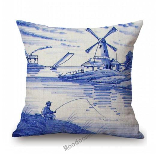 Traditional Deflt Blue Royal Holland Wildmill Toile De Jouy Art Decoration Sofa Throw Pillow Case Cotton Linen Cushion Cover