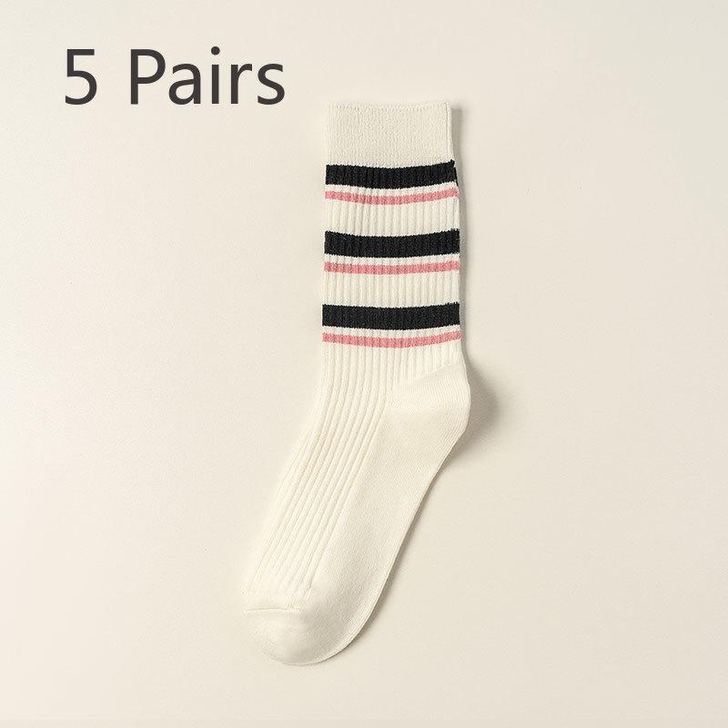 5 Pairs Autumn and Winter New Socks Women's Sports and Leisure Stripes Colour Blocking Embroidery Mid-calf Socks Women's Socks Hundred Socks Wholesale