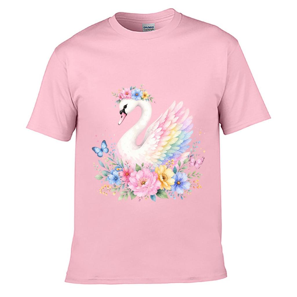 Pastel Swan Floral Butterfly Waterco Unisex Summer Washed Tee Loose Distressed Top