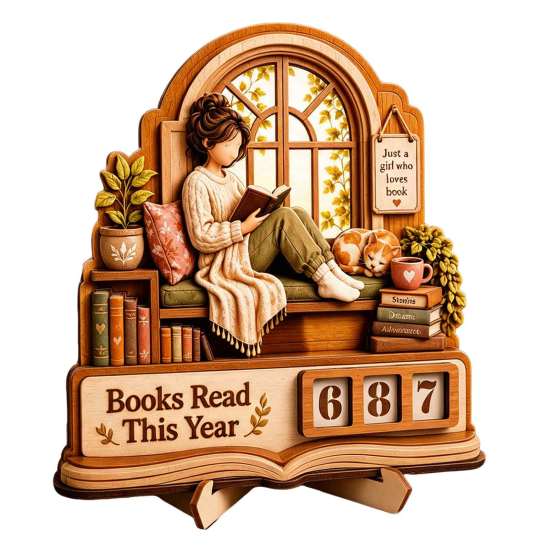 Motivational Reading Challenge Sign Book Read This Year Tracker, 3D Layered Wooden Window Handcrafted Room Accent Piece Girl Count Stand with