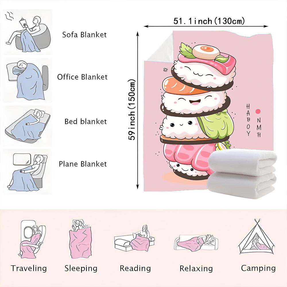 Kawaii Sushi Characters Blanket - A whimsical cartoon illustration of smiling sushi (tuna nigiri, salmon, avocado, pink fish) on