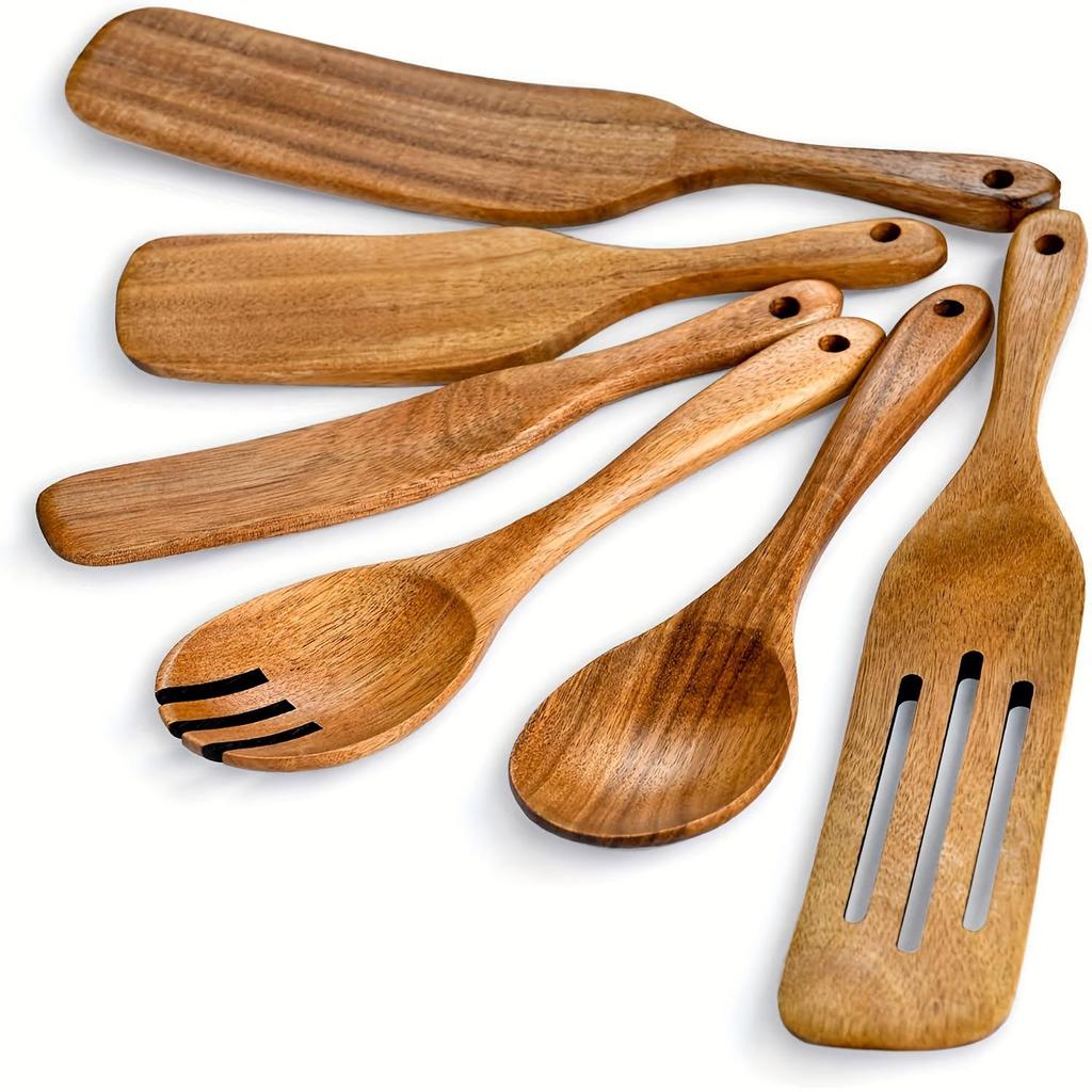 Teak 9-Piece Kitchen Set: Solid Wood Spatula, Spoon, Fork, Non-stick Pan, Acacia Wood Utensils, Long Handle Pot & Vegetable Spatula