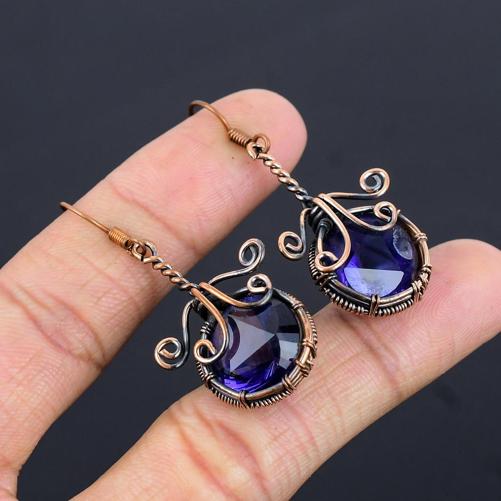 Boucles d'oreilles Saphir Bleu, Boucles d'oreilles en Pierres Précieuses Fait Main, Boucles d'oreilles Enveloppées de Fil de Cuivre 999 Bijoux Antiques, Pour Cadeau de Fiançailles