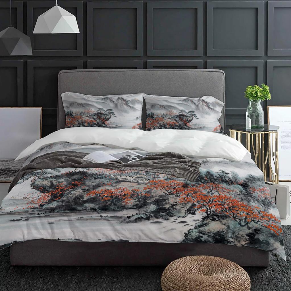 כיסוי שמיכה בסגנון סיני ציור דיו נוף עם ציפיות לכרית סט מצעים מותאם אישית 3 חלקים כיסוי שמיכה מיטה זוגית טקסטיל לבית