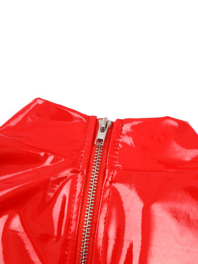 Women's Wetlook Patent Leather Mock Neck Long Sleeve Hollow Out Crop Tops Clubwear
